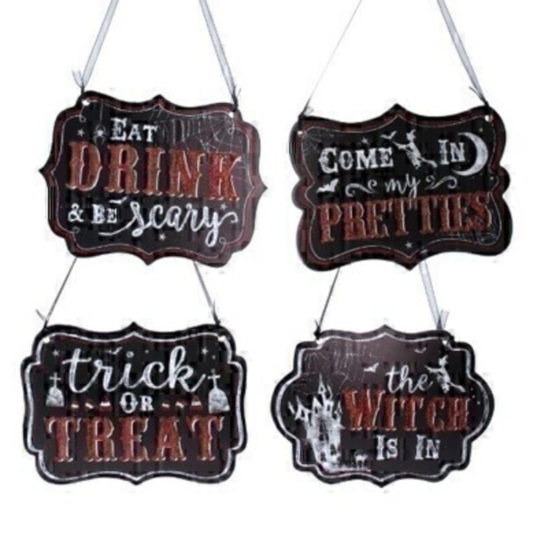 Choice of 4 wooden black Halloween sentimental signs by designer Gisela Graham complete with ribbon to hang. The Halloween Plaque with four different captions to choose from is a great Halloween party decoration. Choice of 4 available - If you have a preference please specify when ordering. Would look great hanging on your door or in your window this October. Remember Booker Flowers and Gifts for Gisela Graham Halloween Decorations.